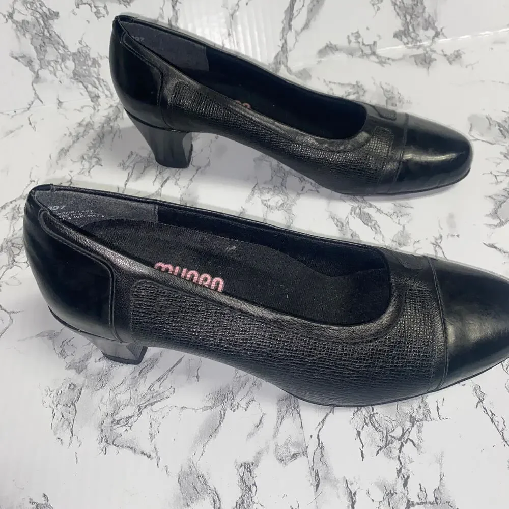 Munro Black Leather Jillian Patent Cap Toe Leather Heels Women's Size 6.5